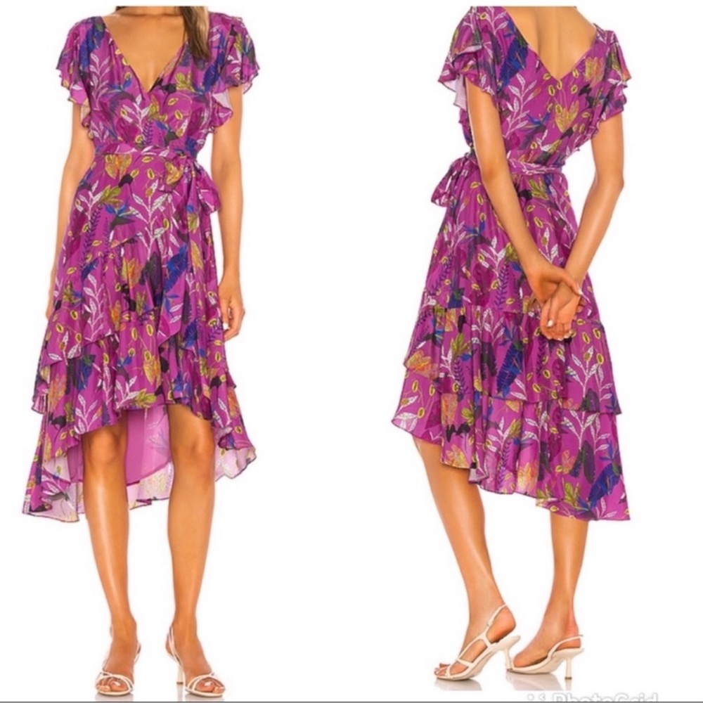 Tanya Taylor 100% Silk Floral Purple Wrap Dress